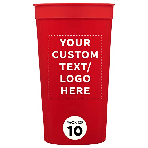 Custom Plastic Stadium Cups 32 oz. Set of 10, Personalized Bulk Pack - Perfect for Summer, Sporting Events, Birthdays, Picnic, Beach, Parties - Red