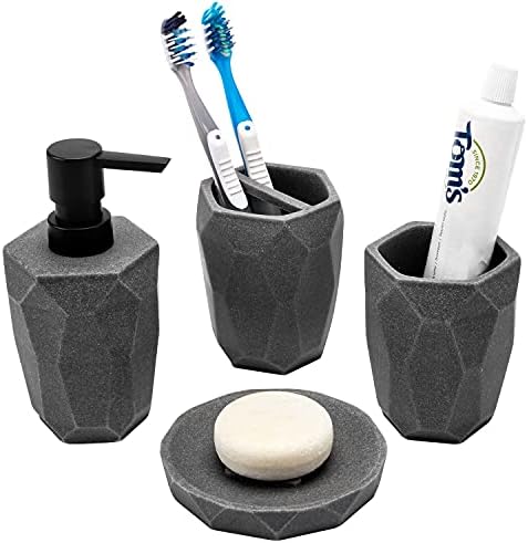 MyGift 4 Piece Fashionable Lavatory Accent Set Geometric Darkish Grey Concrete Fashion Bathtub Set Consists of Liquid Cleaning soap/Lotion Dispenser, Toothbrush Holder, Tumbler, and Cleaning soap Dish