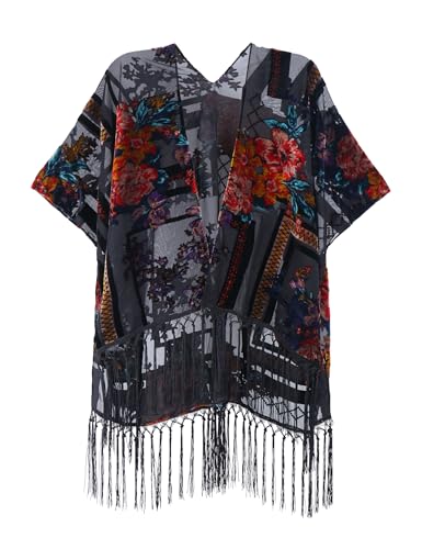 Image of MJ SERECA Women's Burnout Velvet Kimono Cardigan Cover Up with Tassel