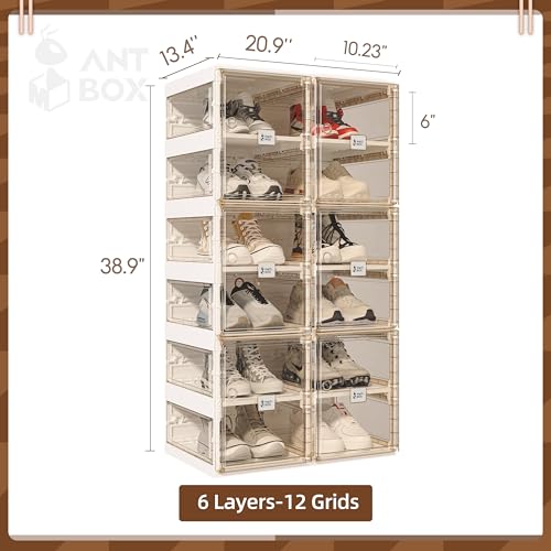 Image of ANTBOX Foldable Shoe Rack,Shoe Organizers for Closet Plastic Shoe Storage Box For Entryway,Living Room,Large Sturdy Stackable Sneaker Cabinet Bins With Magnetic Clear Door 6 Tiers 12 Pairs