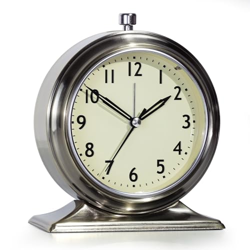 AYRELY® 4 Inch Small Analogue Alarm Clock – Silent Battery Operated Vintage Desk Clock with Night Light, Metal Table Clock for Home, Bedroom, Shelf(Glod)