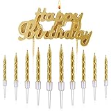 MTLEE Happy Birthday Candles for Cake Birthday Candle Topper with 10 Pcs 2.95 Inch Candles Short Thin Spiral Candles for Cake Topper Birthday Decoration Party Supplies (Gold)