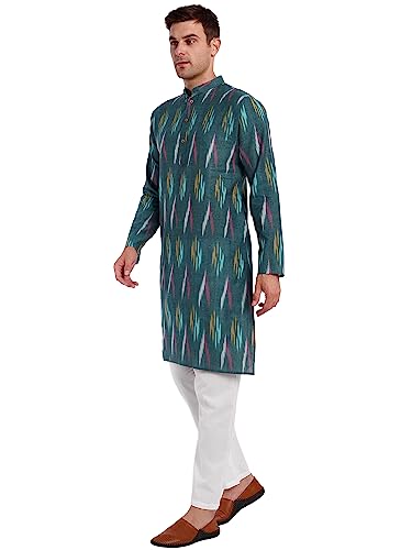 Image of SKAVIJ Men's Pure Cotton Printed Kurta Pajama Set Ikat Design Casual Ethnic Dress