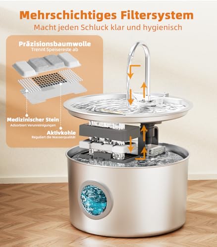 UPAWPIA 3.2L Katzenbrunnen Edelstahl mit 3 Filtern Trinkbrunnen für Katze Katzenbrunnen für Katzen mit Wasserstandsfenster Ultra leise Wasserbrunnen für Katzen Cat Water Fountain mit LED Licht