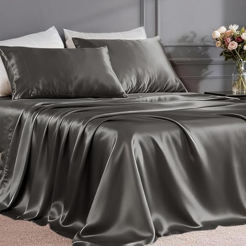 FreshCulture Satin Sheets Twin Size Bed Set - 3 Piece Luxury Soft Silky Twin Bed Sheets, Similar to Silk Sheet Set with 1 Deep Pocket Fitted Sheet, 1 Flat Sheet & 1 Pillowcase (Gunmetal)