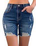 roswear Women’s Casual Summer Ripped High Waisted Denim Shorts Stretch Distressed Frayed Raw Hem Jean Shorts Blue XX-Large