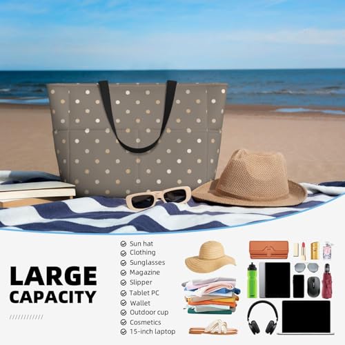 Large Beach Bags for Women Sandproof - Taupe Polka Dot Print D Summer Travel Work Tote Bags with Zipper4