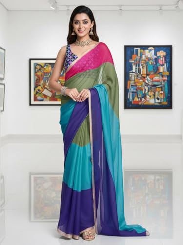 Image of AKHILAM Women's Multicolored Organza Colorblocked Printed Saree With Unstitched Blouse Piece (ALIA1014 AI)