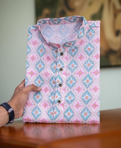 Image of FOXDX Men's Cotton Kurta, Ethnic Printed Kurta for Perfect Ethnic Look, Stand Collar Long Sleeve Casual Printed Regular Long Kurta