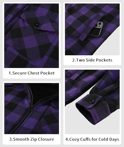 Image of V VALANCH Men's Sherpa Lined Flannel Jacket with Hood - Zip Up Plaid Shirt Jacket Winter Outdoor Warm Outerwear Fleece Coat