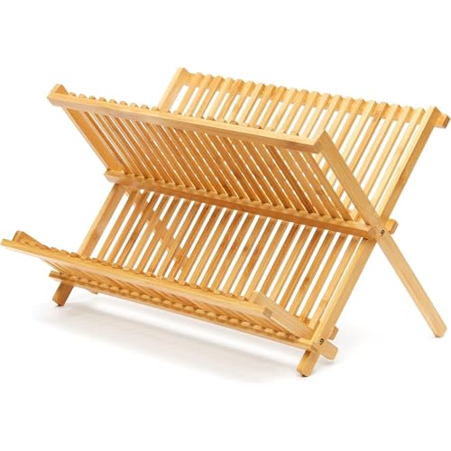 Usinynia Bamboo Dish Drying Rack, 2 Tiers 20 Slots Collapsible Dish Drainer, Foldable Dish Rack Bamboo Plate Rack for Kitchen Counter