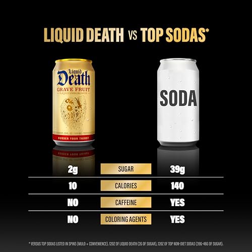 Image of Liquid Death Soda-Flavored Sparkling Water - Grave Fruit (Grapefruit Flavor), Less Sugar*, Huge Flavor, No Caffeine, No Artificial Sweeteners, 12 Fl Oz (Pack of 12)