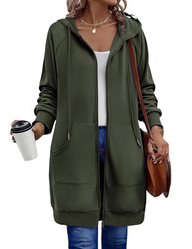 Zeagoo Women's Zip Up Hoodies Long Tunic Sweatshirts Long Sleeve Oversized Fleece Casual 2025 Fall Jacket Coat with Pocket Army Green L
