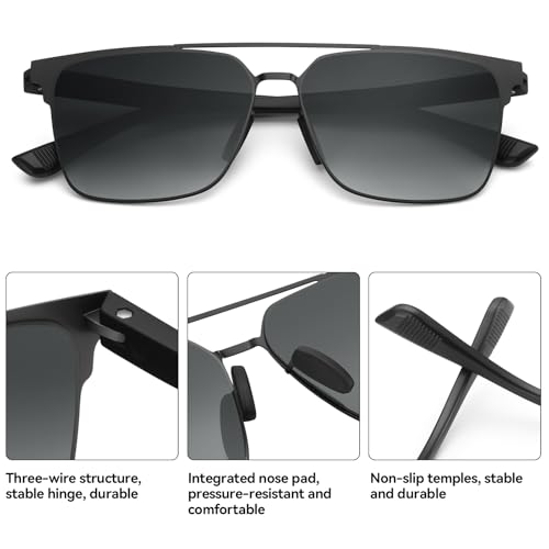 Dollger DG496-2025 Men's Polarized Square Sunglasses UV400 Protection, Metal Frame Nylon Lenses Stylish Anti-Glare（Black to Gray）3