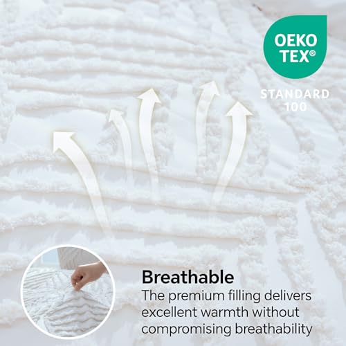 Image of BEDELITE Boho Comforter Set Queen - Tufted Boho Bedding Set, Bright White | Soft & Lightweight Comforter for All Seasons, Jacquard Farmhouse Bedding with 2 Pillowcases