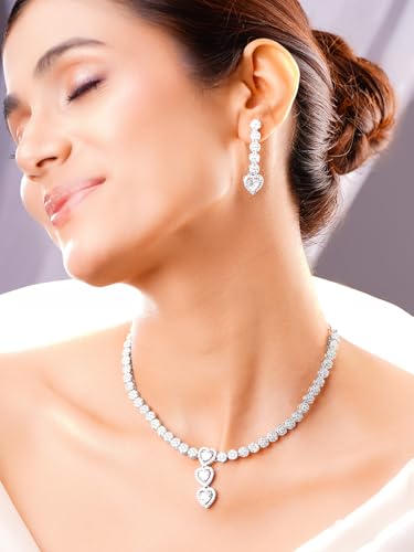 Image of Rubans Necklace Set Rhodium Plated Crystal Studded Jewellery Gift for Women & Girls