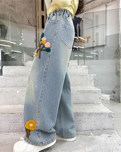 HBER Girl’s Baggy Straight Leg Jeans Casual Y2K Cute Embroidered Elastic Waist Loose Fit Denim Pants for Kids Teen Girls4