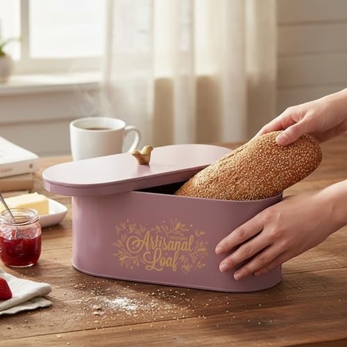 Image of Elan Gingham and Blooms Bread Box with Tweet Bird Knob, Food-Grade Storage for Bread and Bakery Storage Container (Mauve)