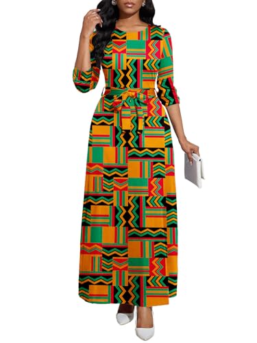 Image of BubFee Long Dress for Women Casual Long Sleeve Dresses Maxi Dress Empire Waist Loose with Belt