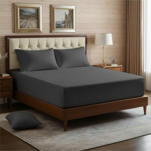 Image of Elastic Fitted Bedsheet Double Size Bed with 2-Pillow Covers 100% Egyptian Cotton Fits 1000 TC Soft & Breathable Luxurious Bedrooms and Hotels Use (Dark Grey) (Size: 72x60 Inch)