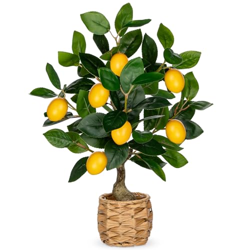 Artificial Potted Plants 17.3 inches Small Fake Lemon Tree Artificial Lemons Citrus Tree with Woven Pot Faux Plants Indoor Lemon Decorations for Home,Office, Living Room Table, Desk