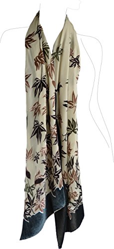 Silk Base Burn-out Velvet Shawl, 72" L x 21" W, Maple Leaf, Green-Brown Velvet on Beige Silk2