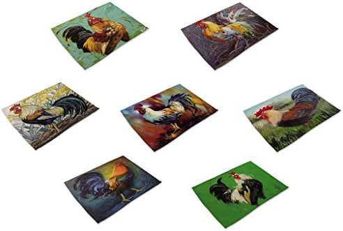 HACASO 7 Pieces Cotton Linen Placemats Oil Painting Rooster Pattern Dining Table Mats(1)