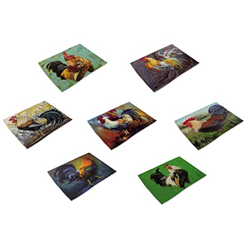 Hacaso 7 Pieces Cotton Linen Placemats Oil Painting Rooster Pattern Dining Table Mats(1) #TOP3