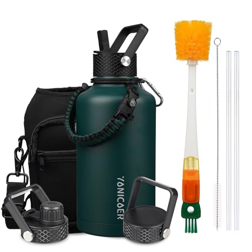YONICOER Insulated Water Bottle 64oz,Triple Wall Vacuum Stainless Steel(Dishwasher Safe),Leak Proof & Non-BPA,Flask Jug with Paracord Handle & Straw Spout Lids Sports Green