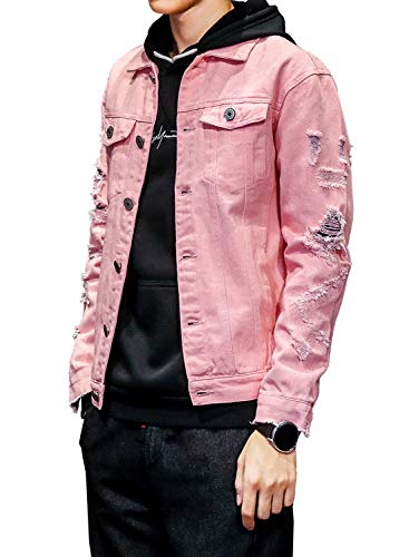 David.ann Men's Distressed Jean Coat Ripped Holes Button Down Denim Casual Trucker Jacket Outerwear,Pink,Medium #TOP3