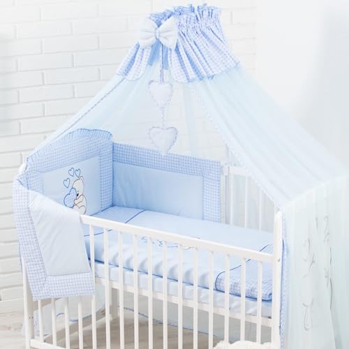 Generisch Juego completo de ropa de cama de bebé de 10 piezas, 100 % algodón, diseño de oso de peluche bordado con corazón azul (60 x 120 cm)