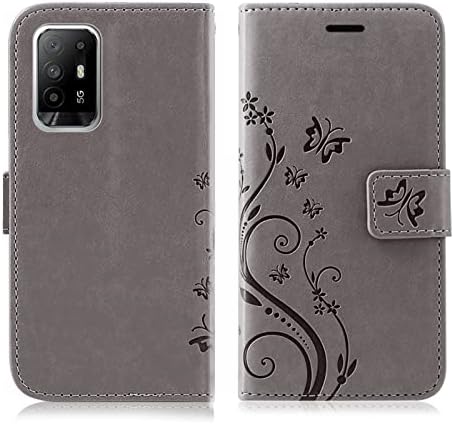 betterfon Case Oppo A94 5G, Mobile Phone Case Oppo A94 5G – Flip Case Mobile Phone Case Protective Case with [Stand Function] [Card Slots] Compatible with Oppo A94 5G Flower, Grey