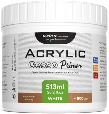 Nicpro White Gesso Primer for Acrylic Painting(28.2 Oz / 513ML), Excellent Coverage, Gesso Surface Prep Medium for Acrylic Paint & Oil Paint, Heavy Gesso Primer for Canvas, Wood, Paper, Plastic