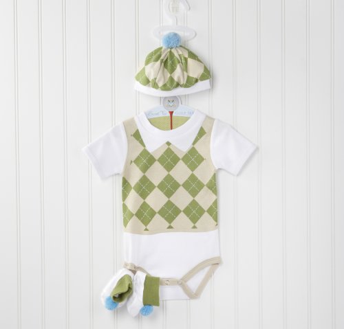 Baby Aspen Three Piece Layette Set in Golf Cart Package, Green/White, 0-6 Mos.