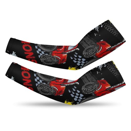 Xmkltbz 1 Pair Cooling Arm Sleeves, Unisex Warmer Spandex Sports Cover Uv Sun Protection for Cycling Golf Running L Print Red Truck Car, Trace of Tire, Drive and Speed on Black