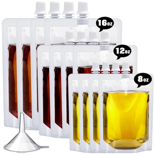 Plastic Flasks-Reusable Drink Bags,Juice Travel Bags Leak-Proof, BPA-Free for Outdoor Sports, Concerts,Travel Events /8OZ-12OZ- 16OZ,12PCS