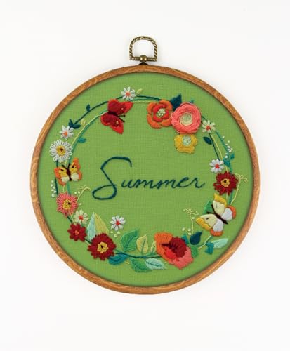 Summer EM007 - DIY Embroidery Kit. Set of Threads, Needles, Stamped Cloth, Needle Threader, Embroidery Clippers and Printed Color Pattern Inside.