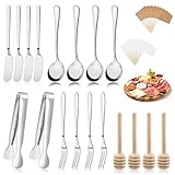 38 Pcs Charcuterie Boards Accessories, Silver Stainless Steel Charcuterie Utensils Set, Including Cheese Butter Spreader, Mini Serving Tongs, Knives, Spoons, Forks, Honey Dippers and Toothpick Flags