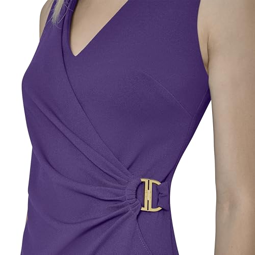 Image of DKNY Women's Sleeveless V-Neck Ruched D Buckle Hardware Faux Wrap Dress