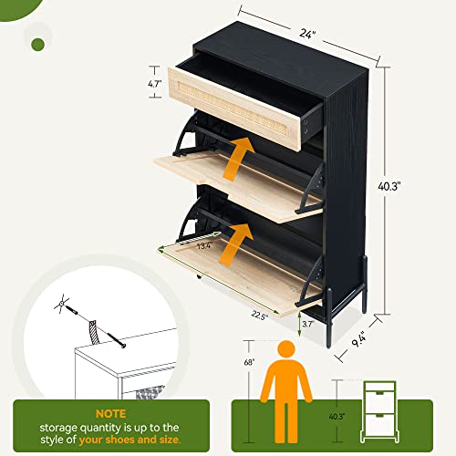 Alkmaar Rattan Entryway Shoe Cabinet, Shoe Storage Organizer With Hidden Drawers And Open Shelves, Shoe Rack Storage Cabinet For Entryway, Entrance Hallway #TOP1