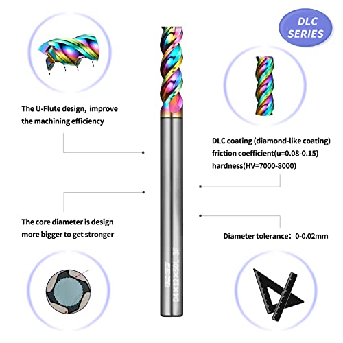 Image of Tools DLC Series Carbide Square End Mill Set, Diamond-Like Coating, End Mill for Aluminum, Copper, Magnesium Alloys,Composite Materials, 3 Flute, Metric Size(D1 /1.5 /2 /3 /4-50L, 10pcs)