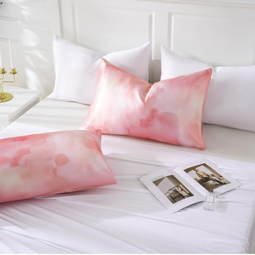 Image of MR&HM Satin Pillowcase for Hair and Skin, Silk Satin Pillowcase 2 Pack, Queen Size Pillow Cases Set of 2, Silky Pillow Cover with Envelope Closure (20x30, Dream Pink)