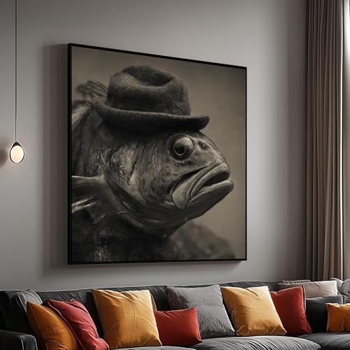 Toile portrait de poisson vintage XINBAO 70x70cm avec cadre