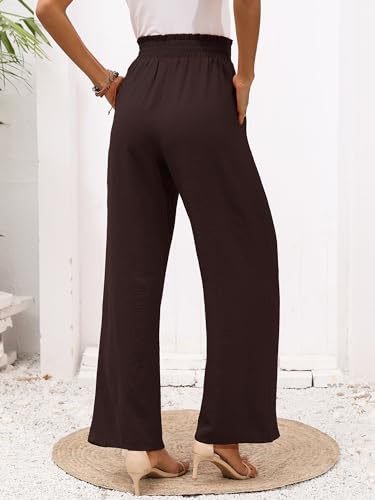 Heymoments Women's Wide Leg Lounge Pants with Pockets Dark Brown Medium Lightweight High Waisted Adjustable Tie Knot Loose Comfy Casual Trousers — view 2