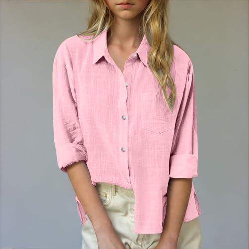 Girls Cotton Linen Button Down Shirts Long Sleeve Loose Casual Collared Blouses with Pocket Boho Flowy Dressy Tops Kids4
