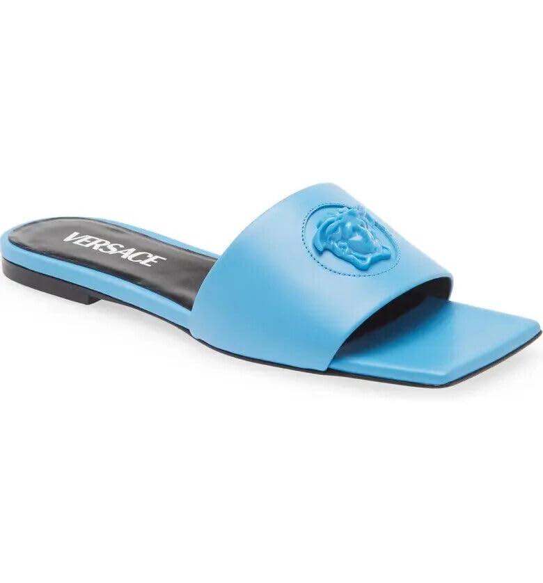 Versace Medusa Embellished Slide Sandals 36.5, Blue
