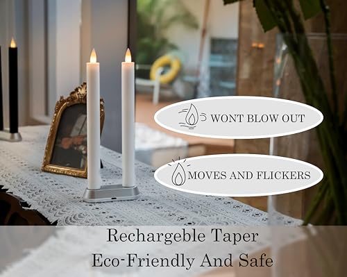 Image of Rechargeable Flameless Taper Candle with Remote Timer, 3D Moving Flame Real Wax Candles (Includes Remote Control, Charging Base, and USB Cable) (Rech-2Taper-White, 9in)