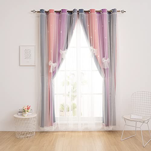 Image of Yancorp Curtains for Girls Bedroom Kids Room Curtain Colorful Window Nursery Curtain 84 inches Length Room Darkening Grommet 2 Layers (Purple Pink Grey, W52 X L84)