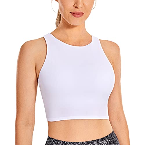 CRZ YOGA Women's High Neck Longline Sports Bra Racerback Crop Top Yoga Tank Top with Built in Bra White Small