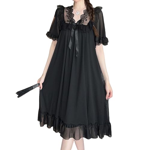Meejia Womens Vintage Victorian Nightgowns Lace V-neck Short Sleeve Sleepwear Ruffle Princess Sleep Dress Comfy Loungewear (Black L)